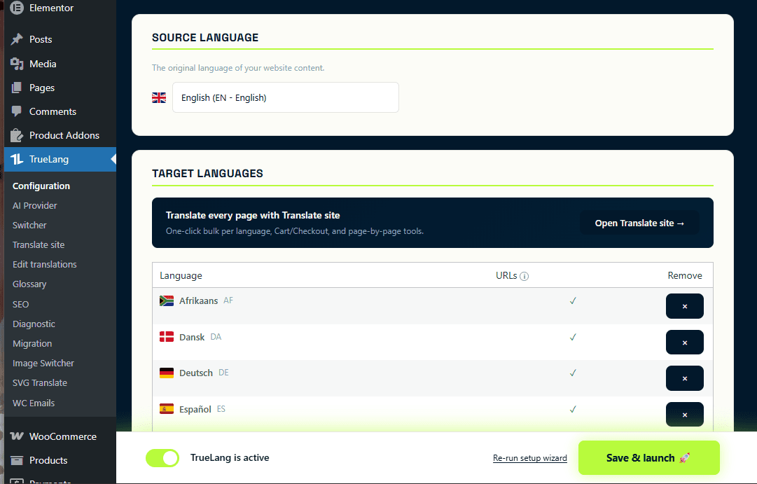 Selecteer de brontaal en doeltalen