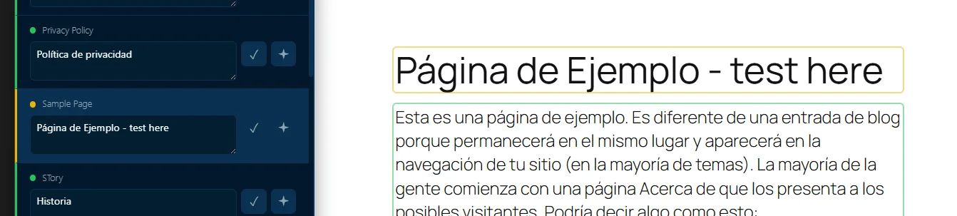 Para editar una traducción tú mismo, haz clic en ella y valida. Se vuelve naranja para indicar que fue editada manualmente.