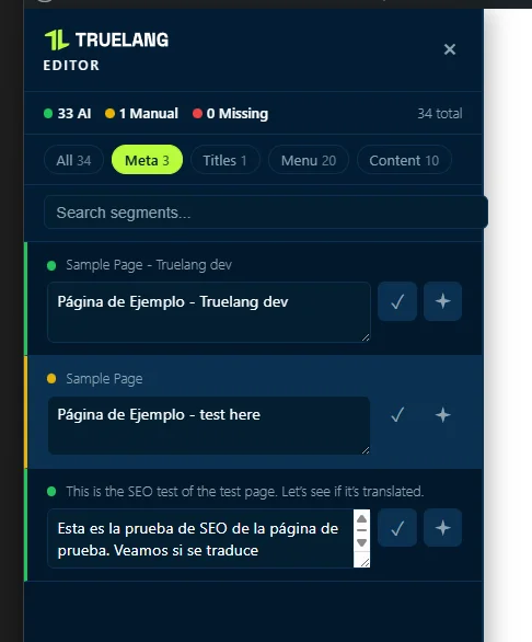 TrueLang también traduce tus metadatos, que puedes editar desde este editor visual para todos los idiomas. Un SEO limpio para cada idioma, en todos los países.